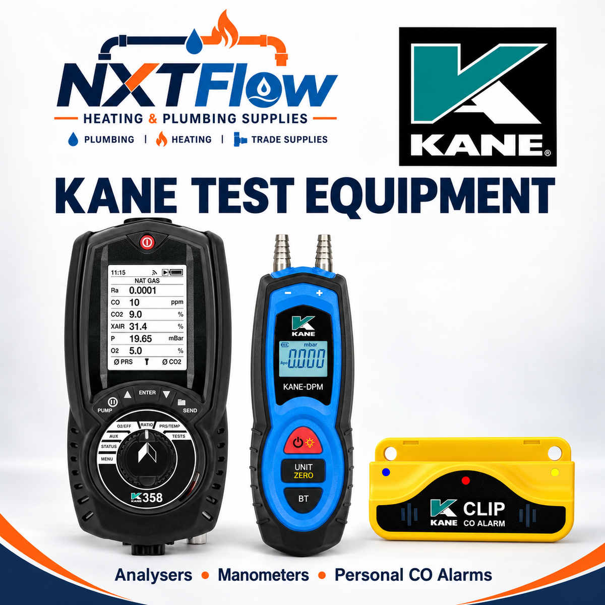 NXTFlow Supplies and KANE logos with KANE358 analyser, KANE-DPM manometer and KANE-CLIP personal CO alarm