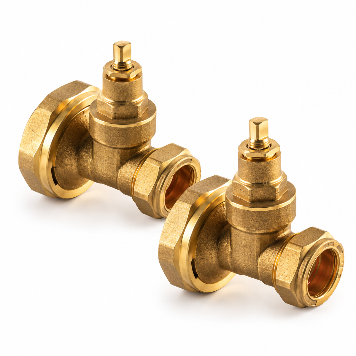 Pair of brass pump gate valves with 22mm compression and 1½-inch union connections