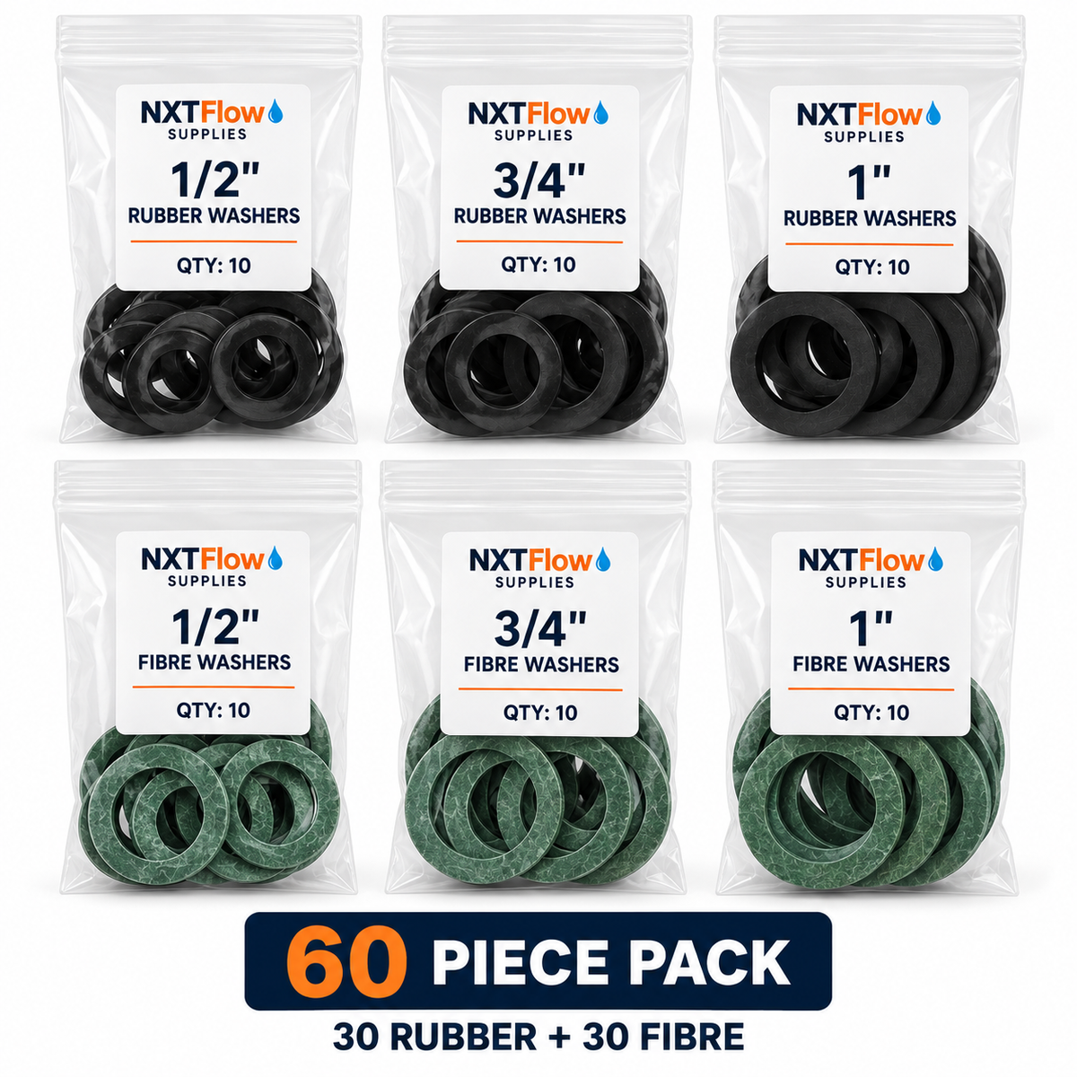 60pc Rubber &amp; Fibre Plumbing Washer Assortment Pack 1/2" 3/4" 1" Seal Repair Set