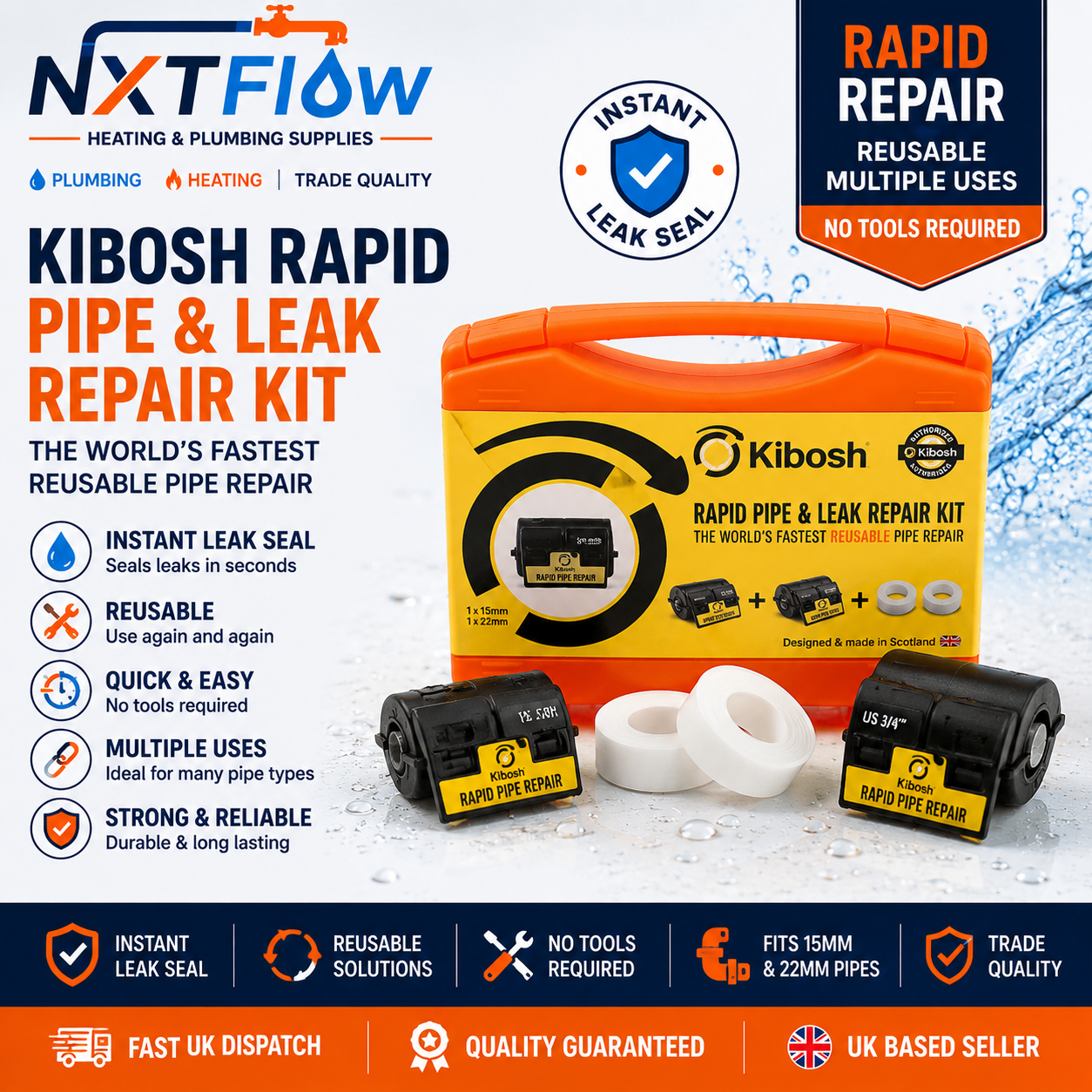 Kibosh Rapid Pipe &amp; Leak Repair Kit 15mm &amp; 22mm – Emergency Reusable Pipe Repair Solution