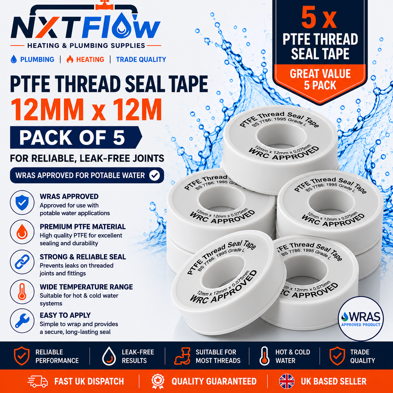 5x PTFE Thread Seal Tape 12mm x 12m – WRAS Approved Value Pack