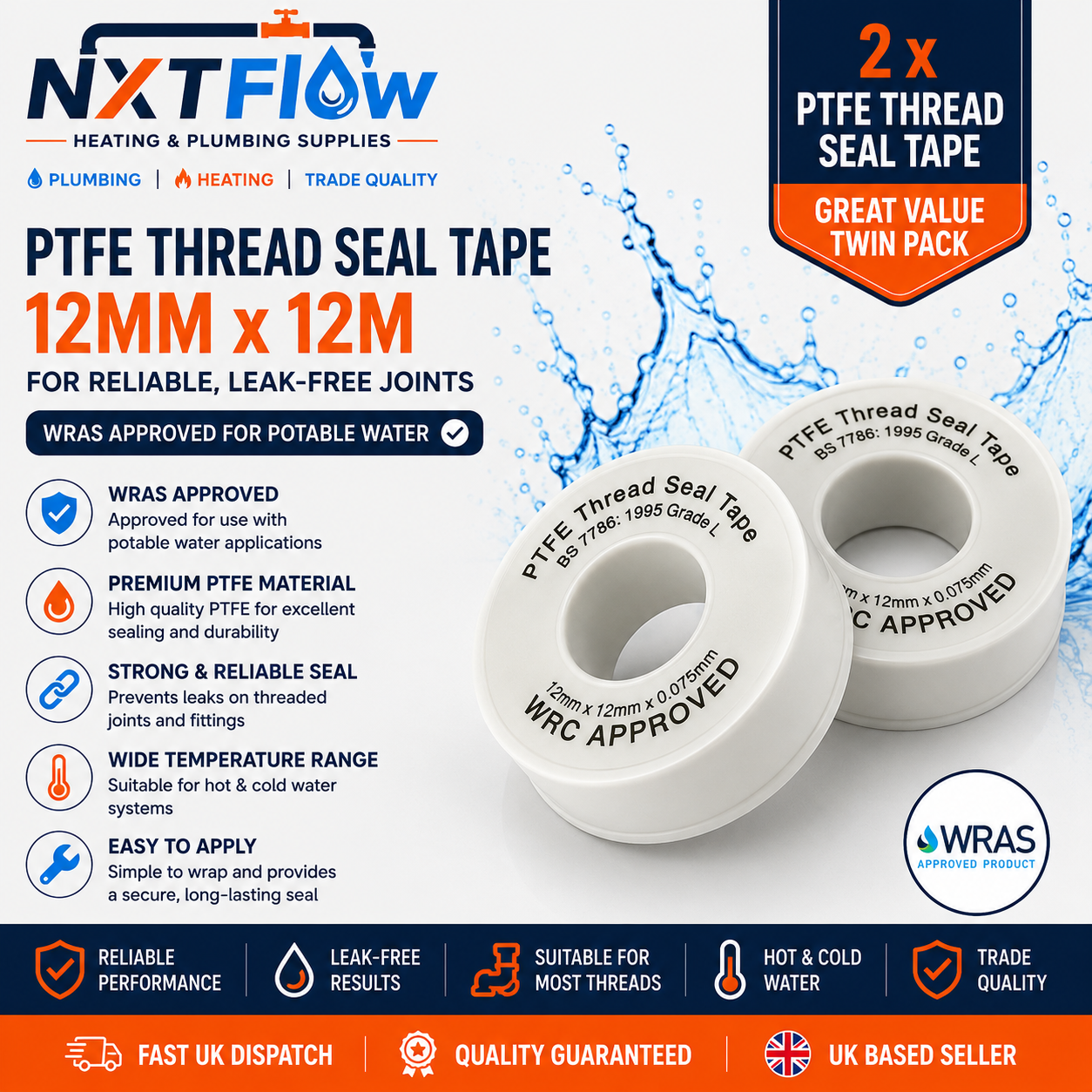 2x PTFE Thread Seal Tape 12mm x 12m – WRAS Approved