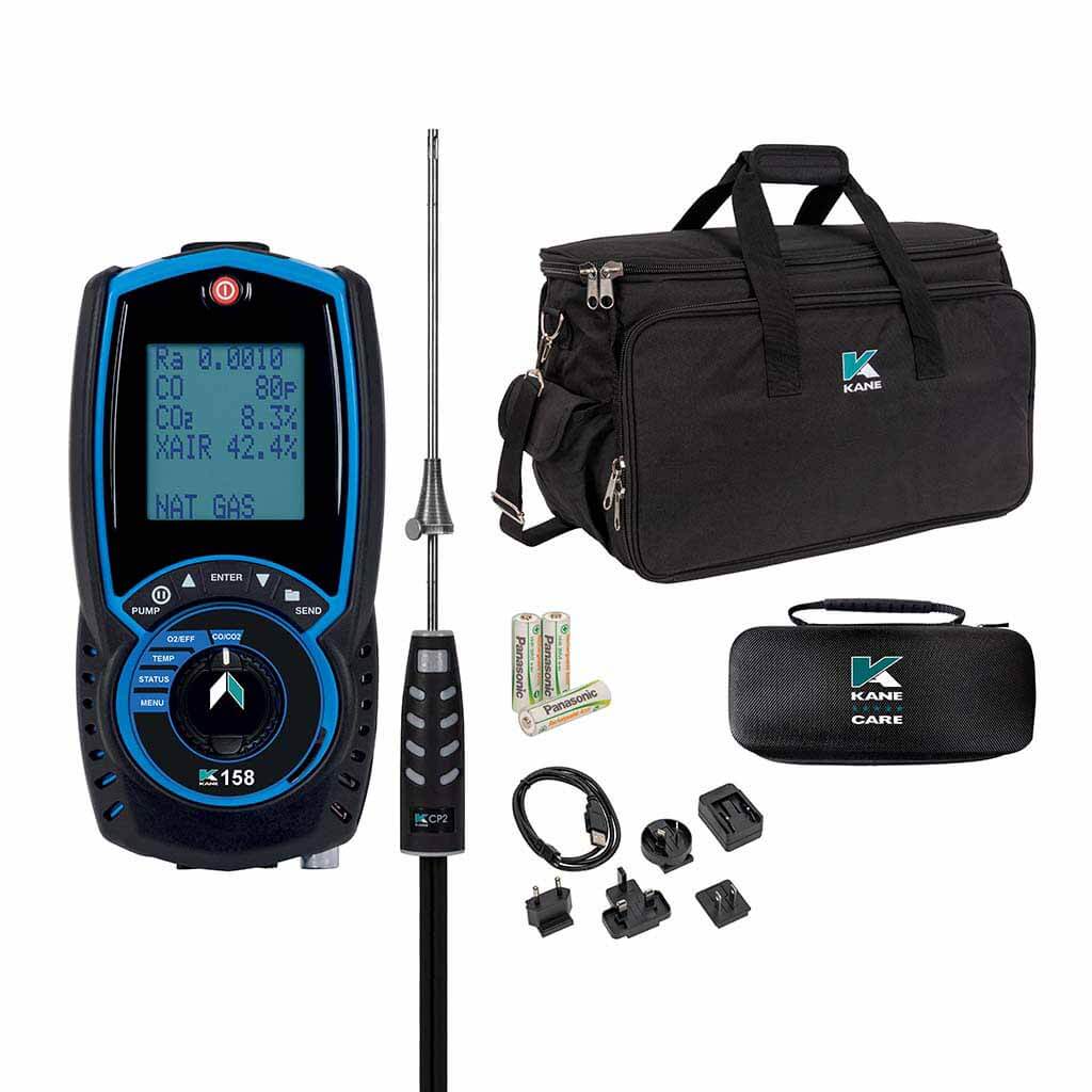 KANE158 analyser with flue probe, carry bag, protective case, batteries and charging accessories