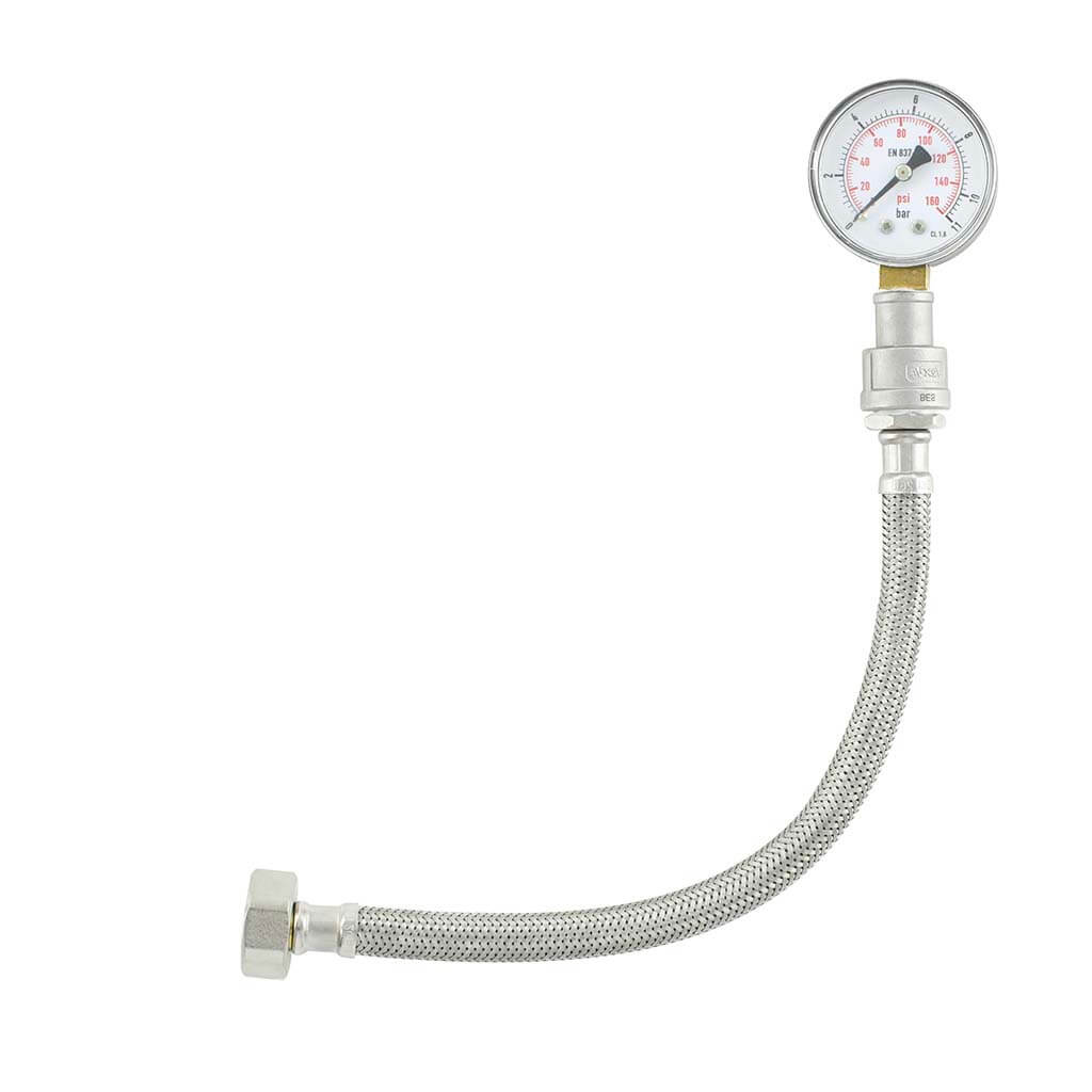 Water pressure gauge 0–10 bar with braided hose and 3/4" BSP connector – product photograph